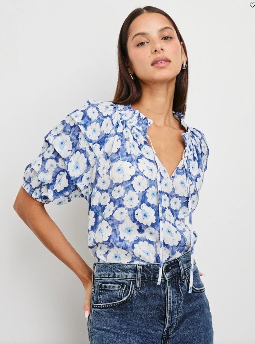Rails Women's Sz XL Paris Top Relaxed Flowing Shirred Collar Blue Floral